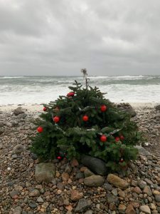 Et juletre som står i rullestein foran et brusende hav.